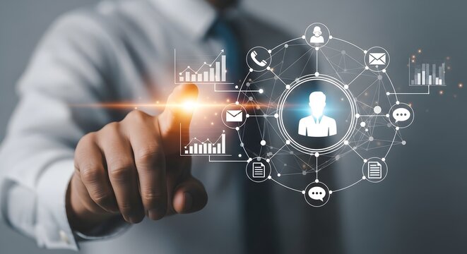Business technology concept businessman touching digital interface marketing strategy network