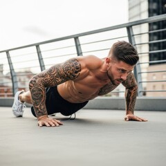 Man with tattoos performing a push-up outdoors on a concrete surface with buildings in the background