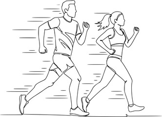 Running man and woman, isolated vector illustration in continuous line drawing style. Run, side view. Silhouettes of athletic looking male and female runners running. EPS 10 version.