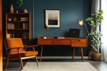 A stylish mid-century modern home office featuring a wooden desk, vintage-style bookshelf, and an fashionable armchair,  created by ai