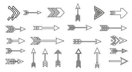 "A versatile set of arrow illustrations featuring various styles like double-headed, dashed, spiral, and tribal designs for creative projects."

