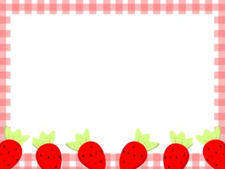Cute strawberry-themed frame with gingham checkered border and blank white center, perfect for invitations, notes, or scrapbook designs
