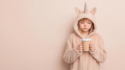 Woman in unicorn pajamas holding a coffee cup