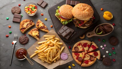 A delicious spread of unhealthy fast food including burgers fries pizza and sweets