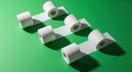 Arrangement of toilet paper rolls on a vibrant green background for personal hygiene and cleanliness