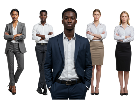 Diverse group of five business professionals standing together with arms crossed isolated on transparent background