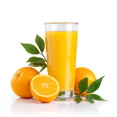 Glass of orange juice and oranges with green leaves isolated on white background