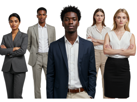 Diverse group of five professionals standing confidently with arms crossed isolated on transparent background