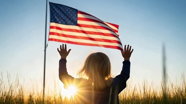 A small child looking up in awe at the American flag, a heartwarming symbol of the nation's future, hope, and patriotism from a young age.
