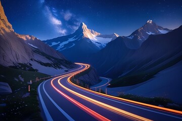 Winding mountain road light trails at night
