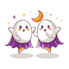 Two cute cartoon ghosts are dancing under the moon isolated on white background