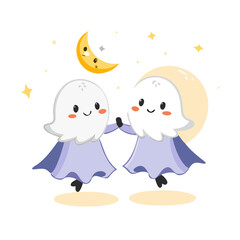 Two cute cartoon ghosts are dancing under the moon isolated on white background