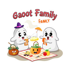 Cartoon ghost family having a picnic isolated on white background