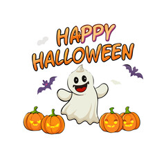 A happy ghost surrounded by pumpkins isolated on white background
