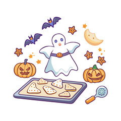 A halloween baking scene with ghost, pumpkins, and cookies isolated on white background