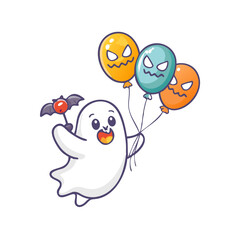 A cute ghost holding halloween balloons and a bat isolated on white background