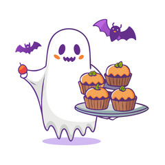 Cute ghost holding a tray of pumpkin cupcakes isolated on white background