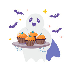 Cute ghost holding a tray of pumpkin cupcakes isolated on white background