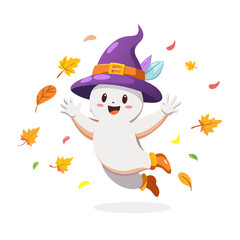 Cute ghost wearing a witch hat isolated on white background