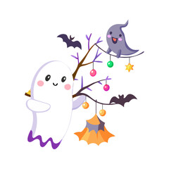 Cute ghost with a tree and bats isolated on white background