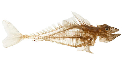 A detailed X-ray image of a fish skeleton showing bones, fins, and skull structures in high contrast.