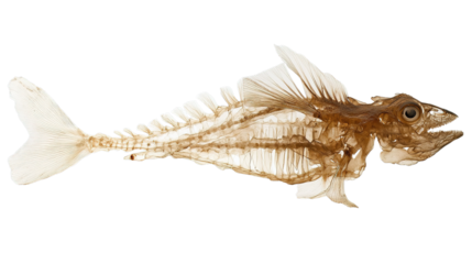 A detailed X-ray image of a fish skeleton showing bones, fins, and skull structures in high contrast.