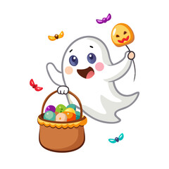 Obraz premium Cute ghost carrying a basket of candy isolated on white background