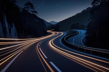 Winding mountain road light trails at night