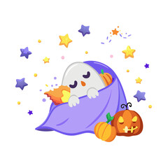 A sleeping ghost with pumpkins and stars isolated on white background