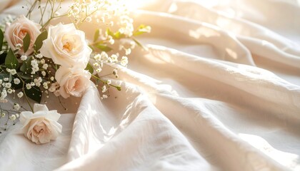 Fototapeta premium Delicate pastel roses on flowing linen