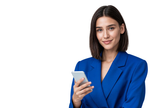 Confident young businesswoman holding a smartphone and smiling. Using a mobile phone for work, isolated with copy space