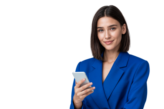 Confident young businesswoman holding a smartphone and smiling. Using a mobile phone for work, isolated with copy space