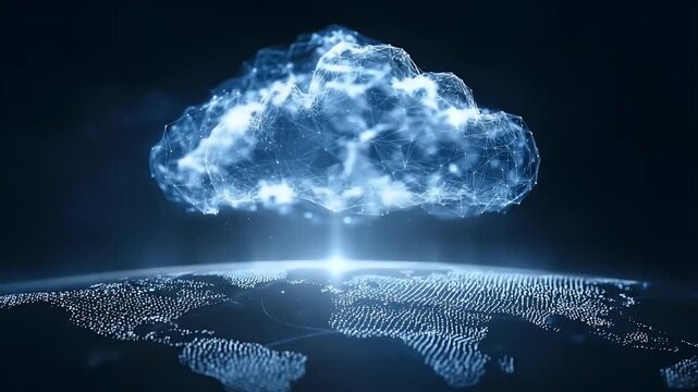 A glowing cloud symbolizing the global network of digital clouds, connected to various illustrated clouds across different continents on a dark blue background with light and shadow effects.