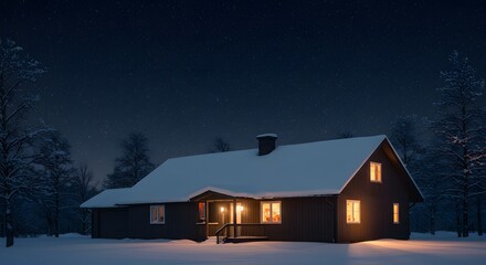 Winter Cabin at Night: Cozy Home Under Starry Sky
