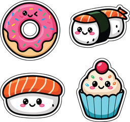 Cute Kawaii Food Sticker Vector Illustration Set Featuring Sushi, Donut, and Cupcake with Adorable Faces for Kids and Fun Decor Designs