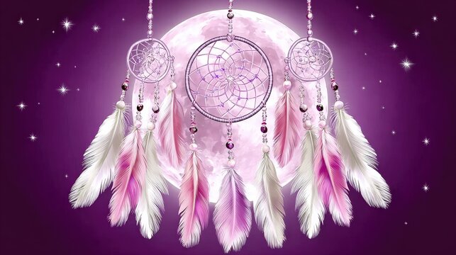 Dreamcatcher with pink and white feathers and bead accents hanging in front of a full moon with a starry night sky background, symbolizing protection and spiritual connection