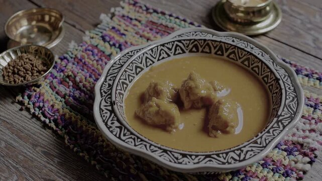 Traditional tagine with tender meatballs, served in a decorative bowl. Warm colors and rustic textures evoke a comforting, authentic meal
