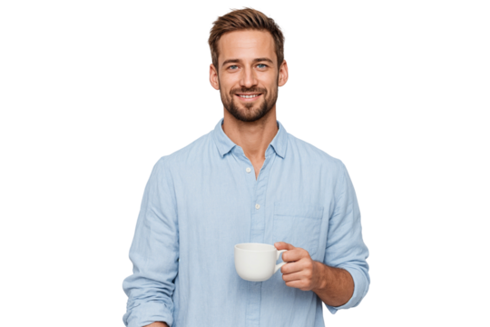 Happy handsome man smiling while holding a cup of tea. Enjoying in the morning, isolated on transparent background