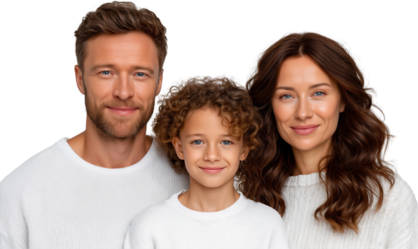 Beautiful family portrait of happy parents with their child. Mother, father, and son smiling together in a studio, isolated on transparent background