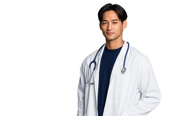 Portrait of a confident Asian male doctor in a white lab coat with a stethoscope. Healthcare and medicine concept, isolated on transparent background