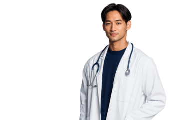 Portrait of a confident Asian male doctor in a white lab coat with a stethoscope. Healthcare and medicine concept, isolated on transparent background