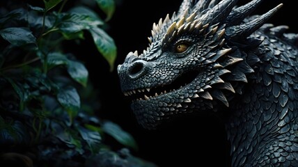 Detailed dragon sculpture among green foliage