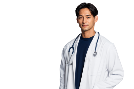 Portrait of a confident Asian male doctor in a white lab coat with a stethoscope. Healthcare and medicine concept, isolated on transparent background