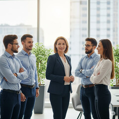 Obraz premium Professional Collaboration in Office Setting: A group of professionals engages in a lively discussion, demonstrating a sense of teamwork and mutual respect within a modern office environment.