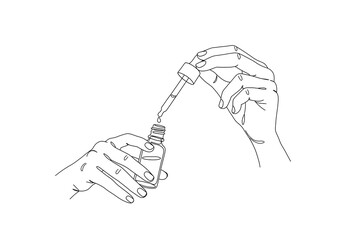 Hands dispensing liquid from dropper bottle isolated on white background