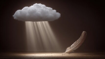 Cloud and feather rainfall abstract concept studio setting atmospheric lighting serenity and inspiration