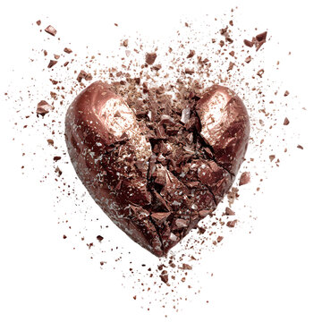  Flatlay of exploding chocolate heart for Valentine Day on white background