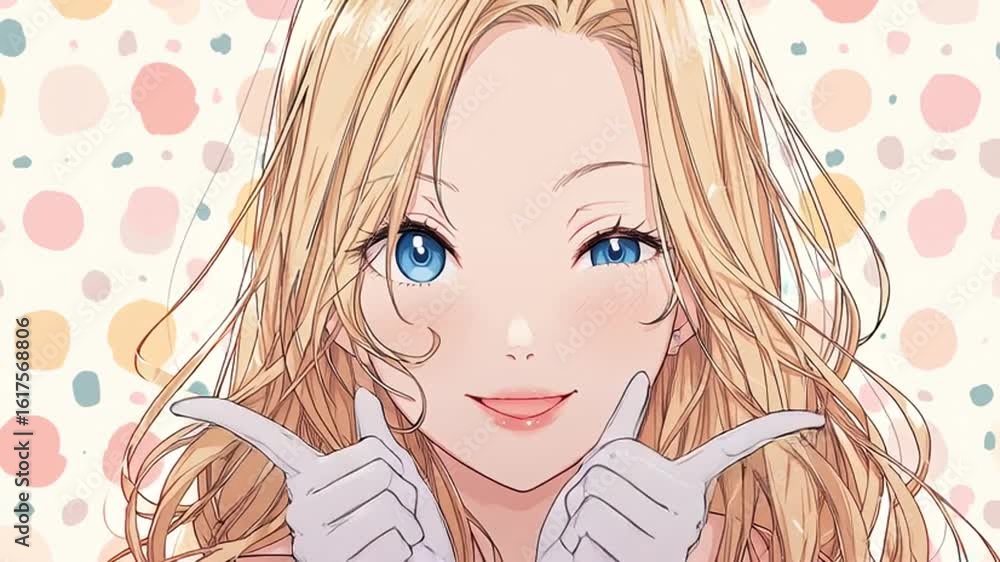 Poster smiling blonde character with blue eyes in a playful pose generative ai