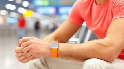 Waiting traveler at airport lounge casual attire modern environment close-up view time management concept
