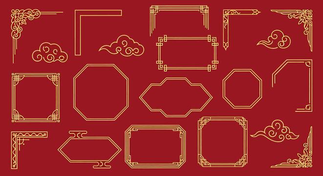 Collection of Elegant Gold Chinese Decorative Frames and Borders